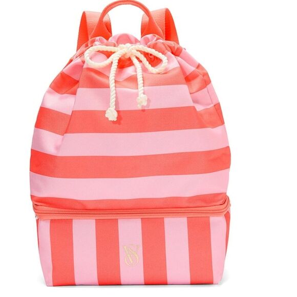 Victoria's Secret Pink Coral Stripe ULTIMATE BEACH BAG Backpack & Cooler 2n1 NEW - Picture 1 of 16